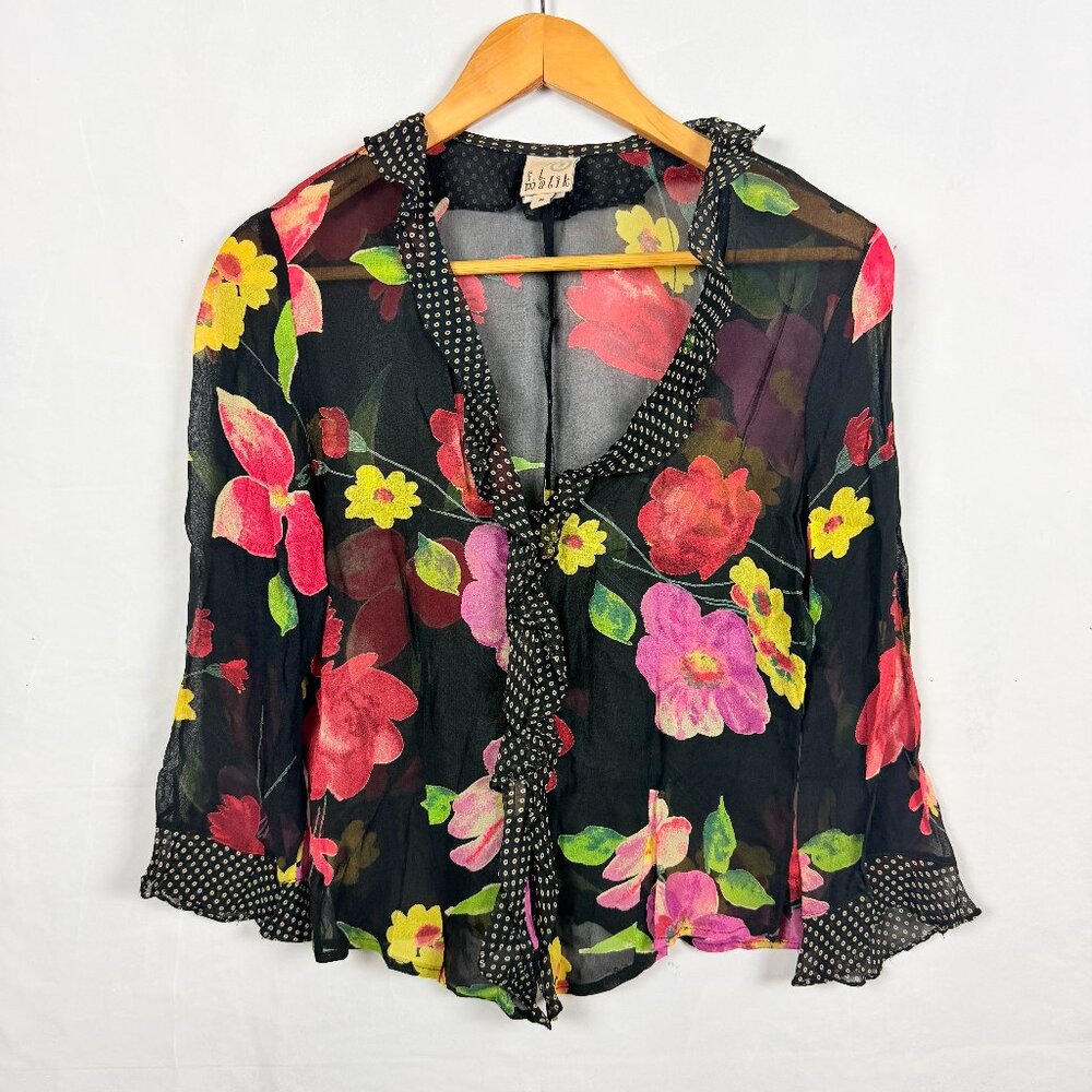 Vintage F.L. Malik Sheer Floral Ruffle Blouse Small
